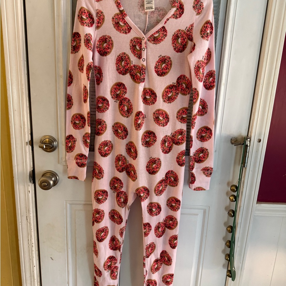 PINK Victoria's Secret Pink Donut Print Pajama Onesie LongJohn Flap Snap